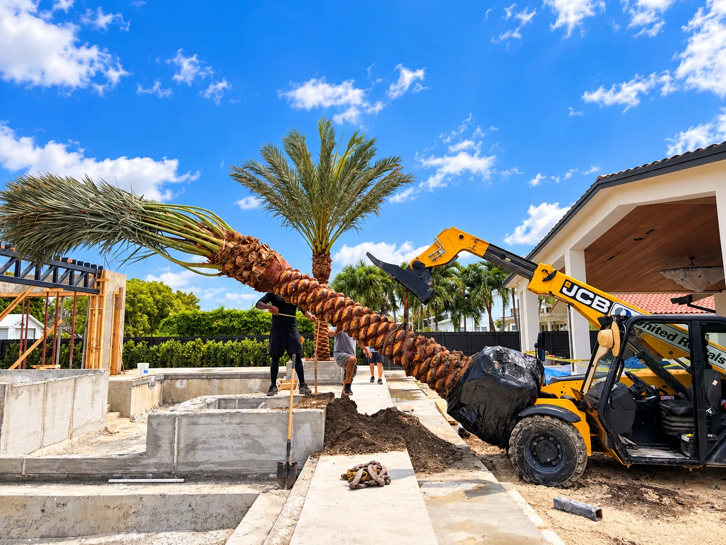Palm trees being harvested, transported and placed on properties.