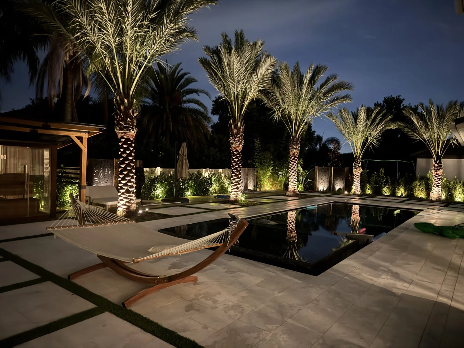Palm trees framing a residential landscape and outdoor space.