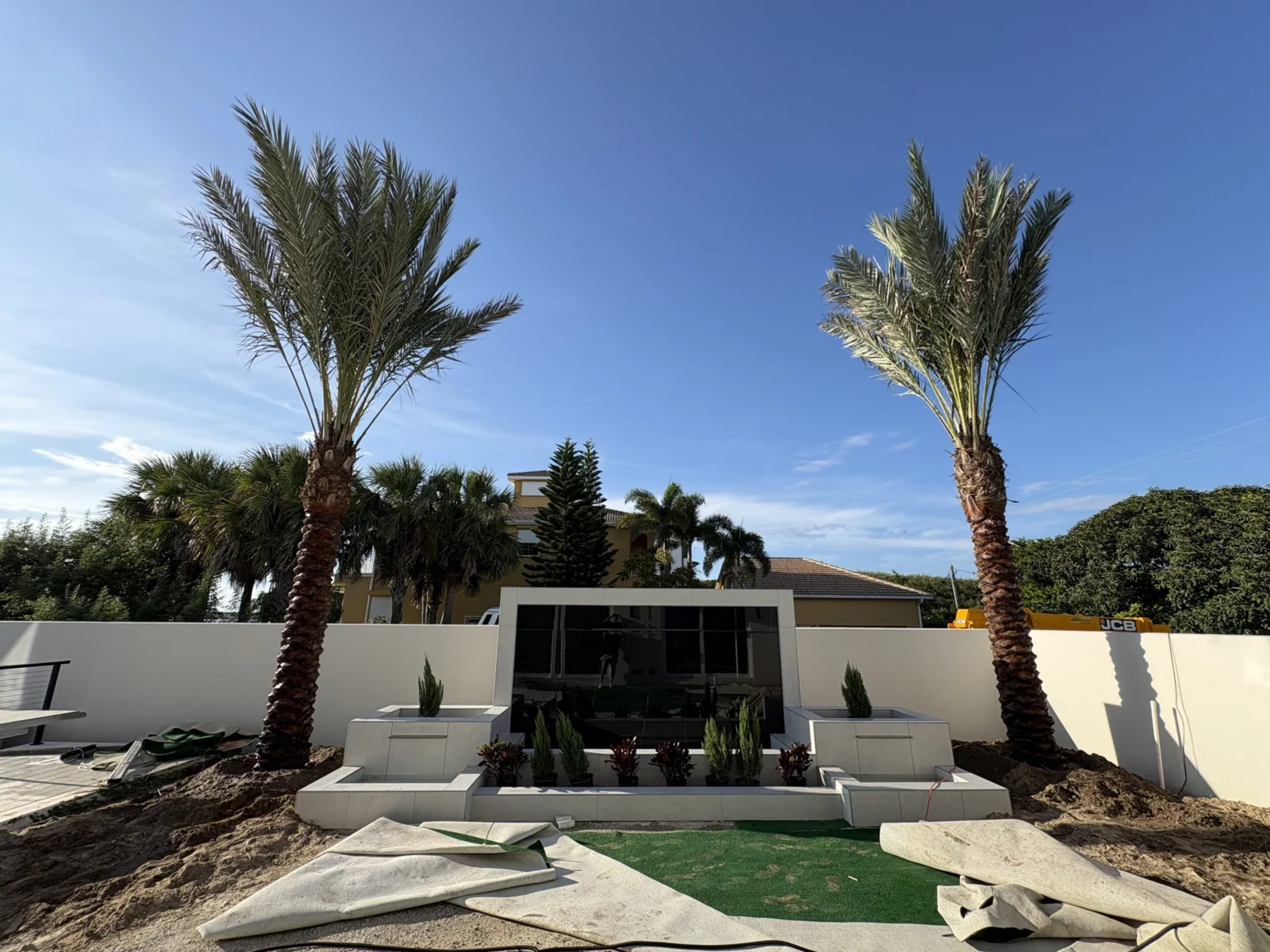 Palm trees framing a residential landscape and outdoor space.
