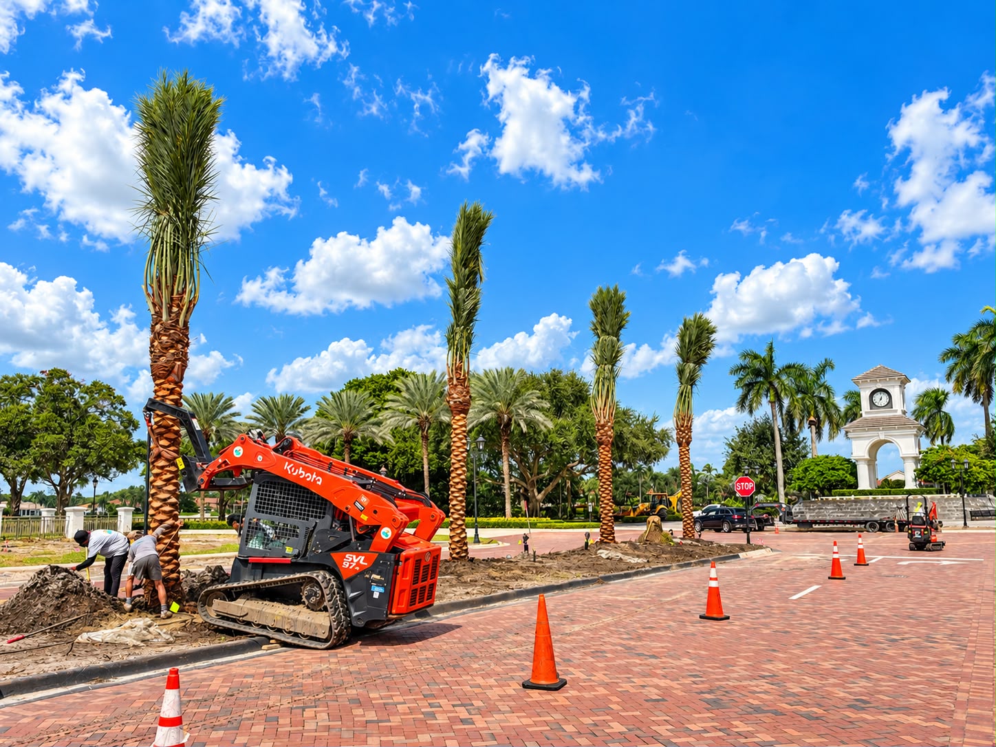 Palm trees framing a residential landscape and outdoor space.