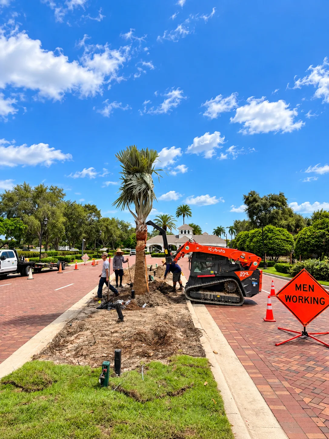 Palm trees being harvested, transported and placed on properties.