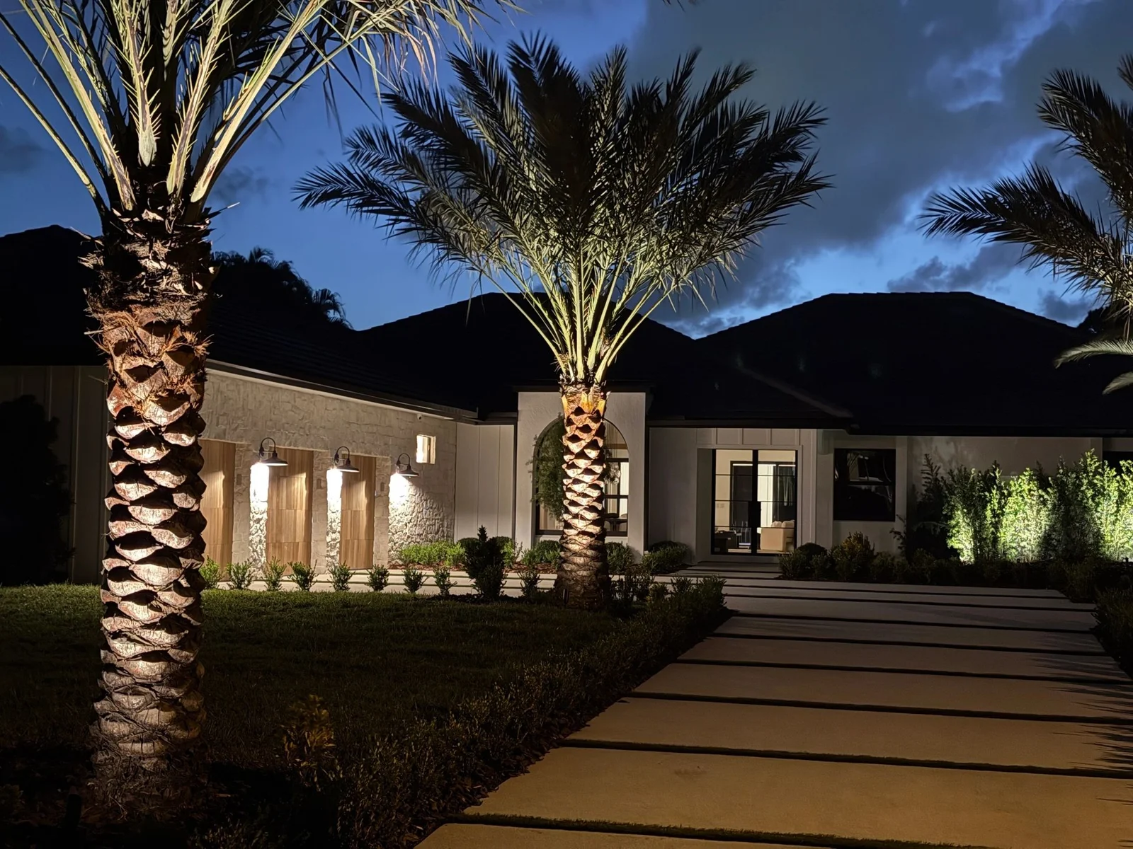 Palm trees framing a residential landscape and outdoor space.