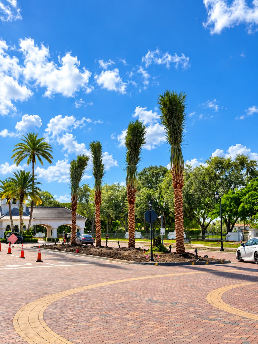 Palm trees framing a residential landscape and outdoor space.